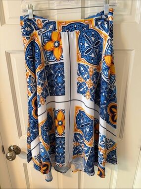 By Egreis Luna Blue & Yellow Mediterranean Tile A-line Midi Skirt Size Medium